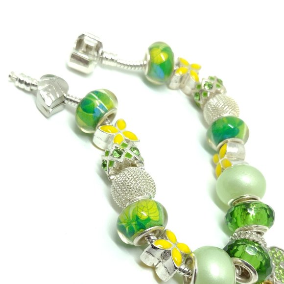 Green, Yellow, Blue  Large Glass Bead Snake Chain Bracelet - Picture 7 of 9